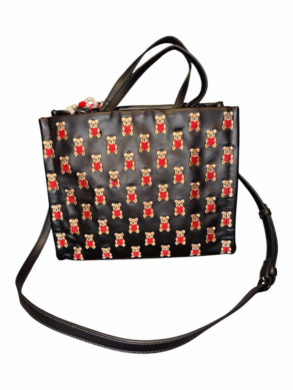 NWT Luv Betsey by Betsey Johnson Teddy Bear Heart Tote Crossbody Bag Black - Picture 2 of 2